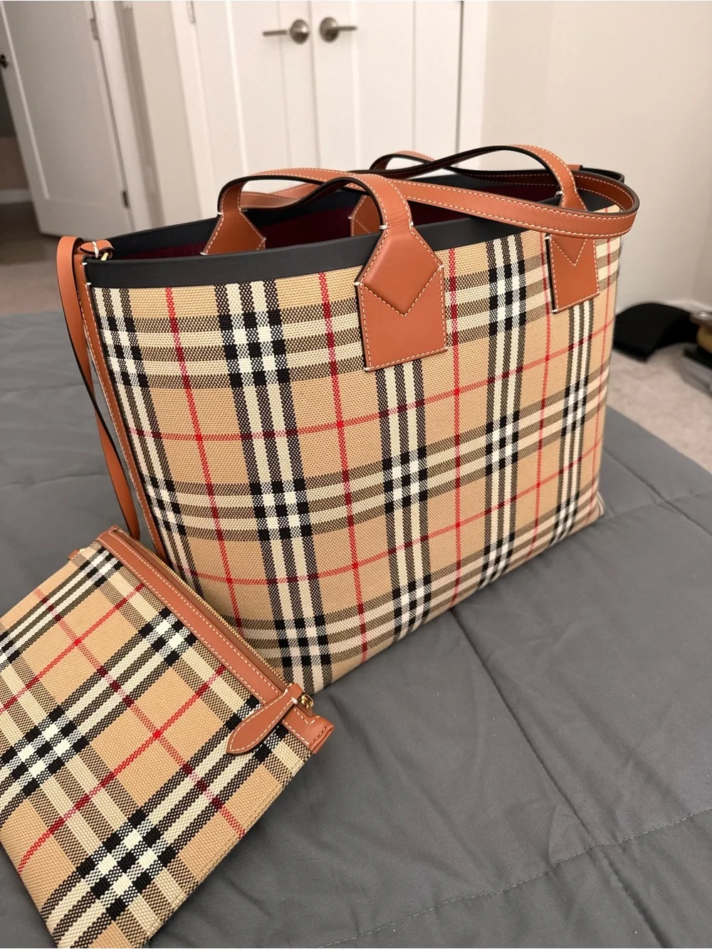 Burberry Beige Plaid Tote with Brown Leather Trim and Burgundy Interior - Picture 2 of 2
